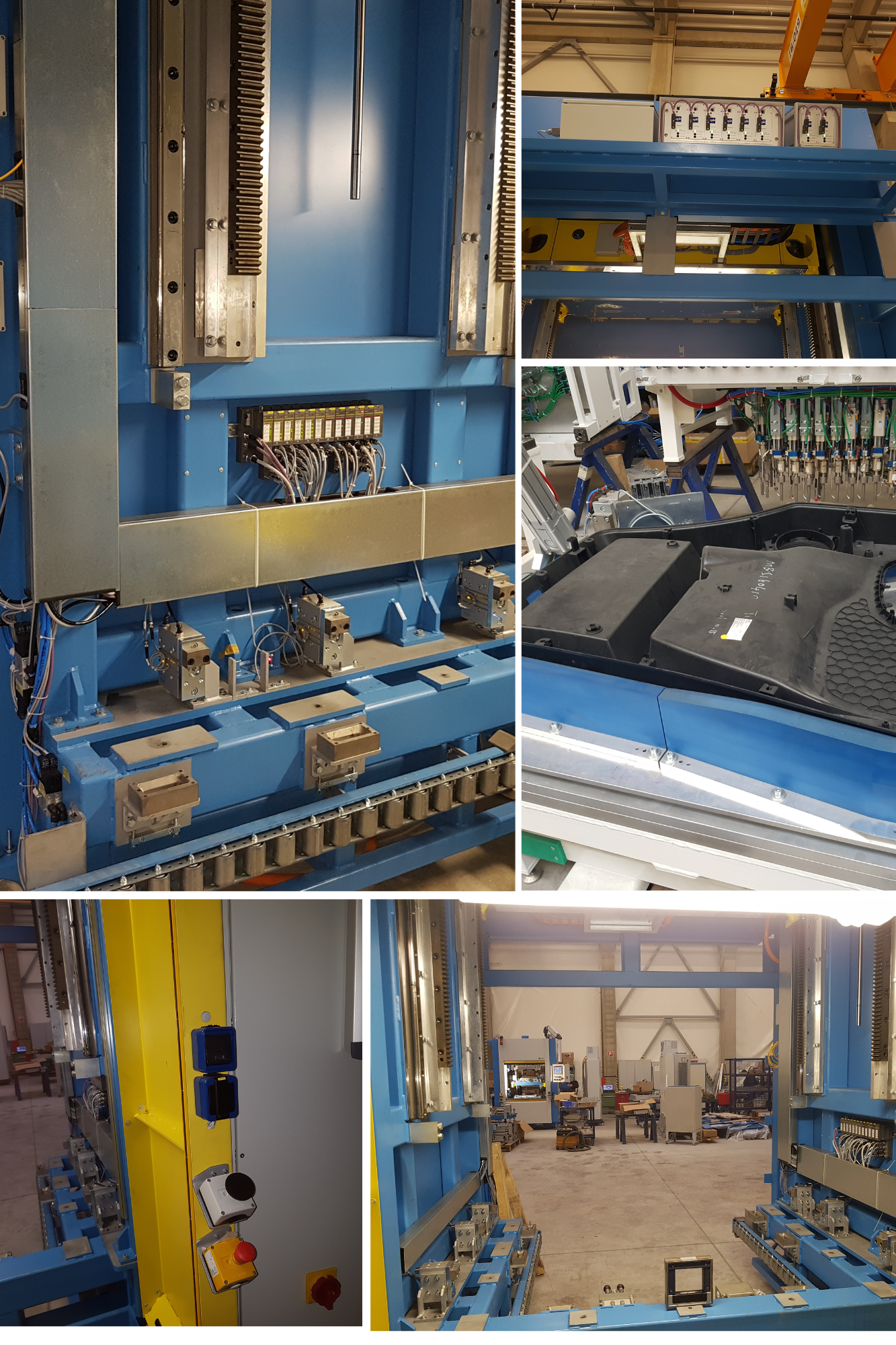 Collage of industrial machinery and equipment in a manufacturing workshop, including robotic arms, control panels, and assembly fixtures.