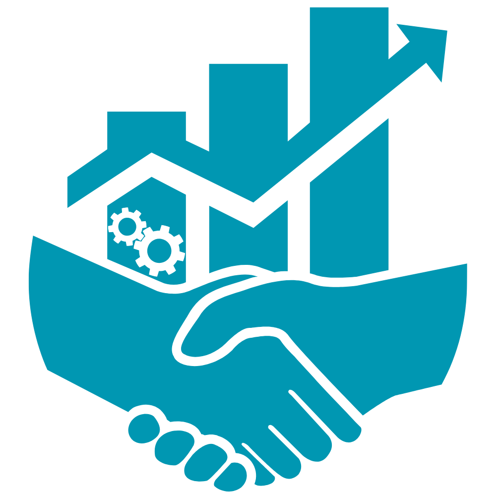 A graphic of two shaking hands over a bar graph with an upward arrow, representing business growth and partnership.