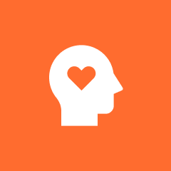 White silhouette of a human head with a heart shape inside, on an orange background.