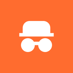 Icon of a hat, glasses, and a mustache on an orange background.