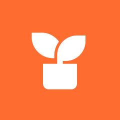Icon of a potted plant with two leaves on an orange background.