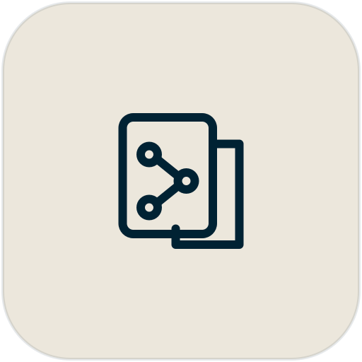 Icon representing data sharing or connection, with overlapping documents and connected nodes.