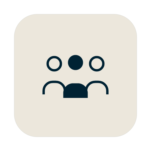 An icon of four stylized human figures, with a large circle at the top representing a head, and a curved line below representing shoulders, all in dark color on a light background.