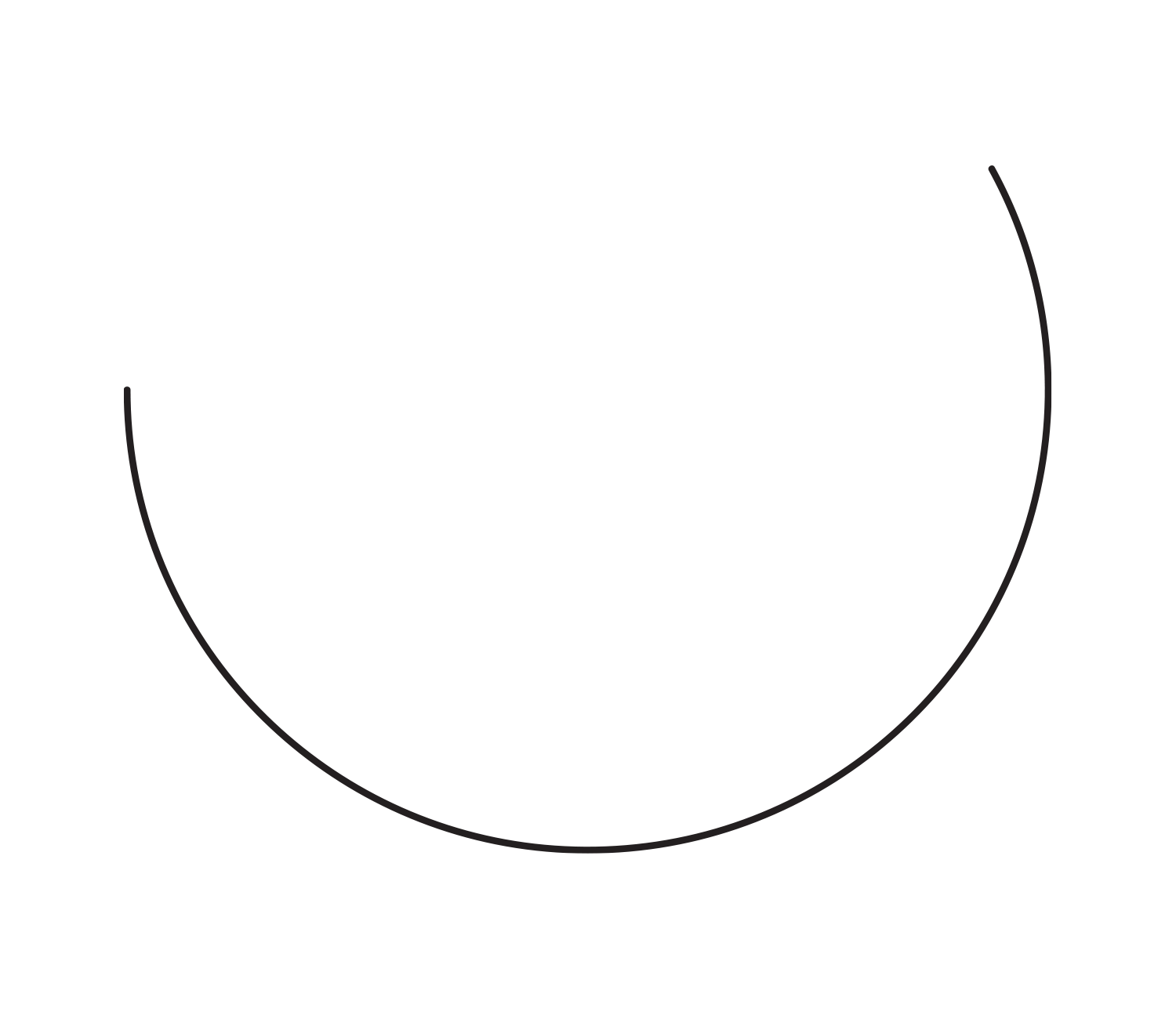 A black and white illustration of a semi-circular smiling face with two small eyebrows, two circular eyes, and a broad, curved mouth.