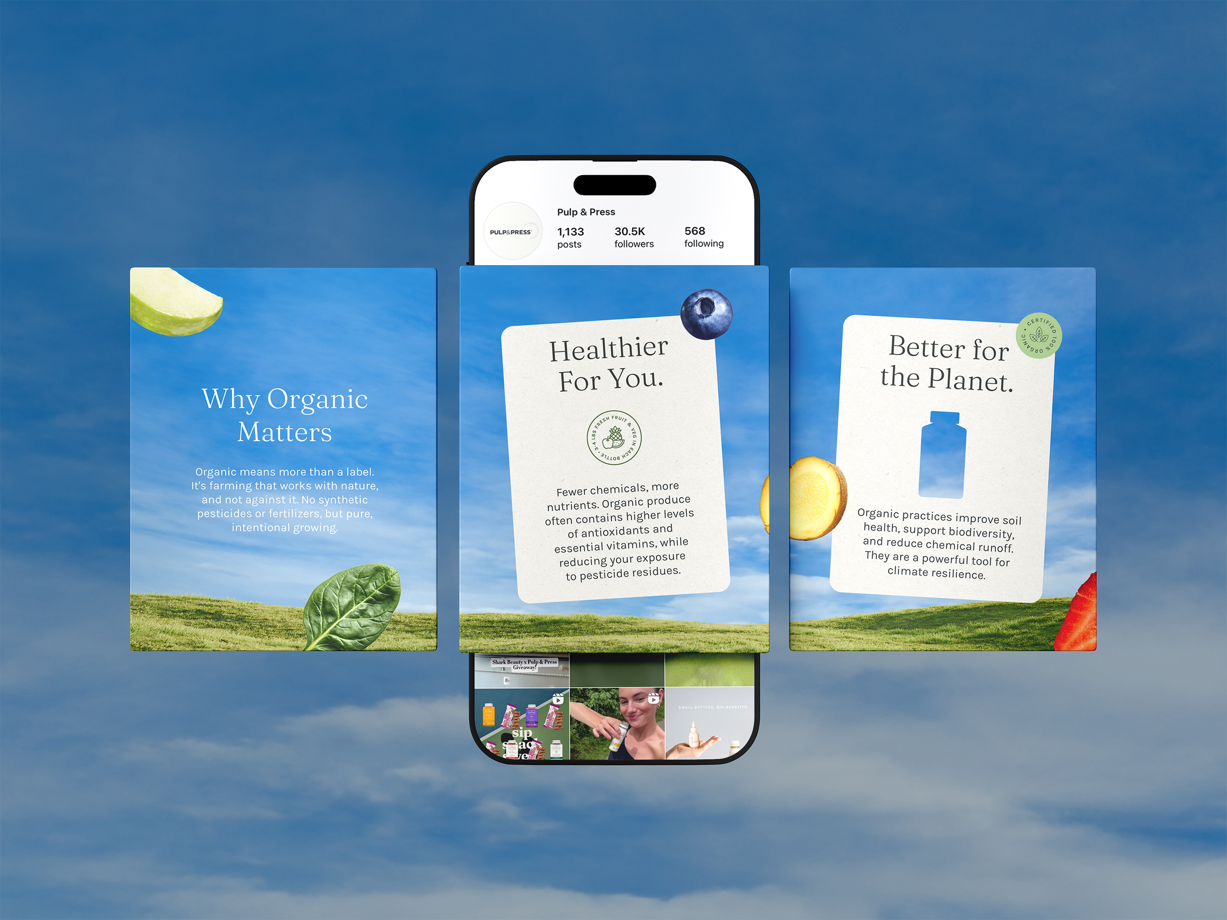 An image of a smartphone displaying digital content about organic farming and health benefits, with a blue sky background and green landscape.