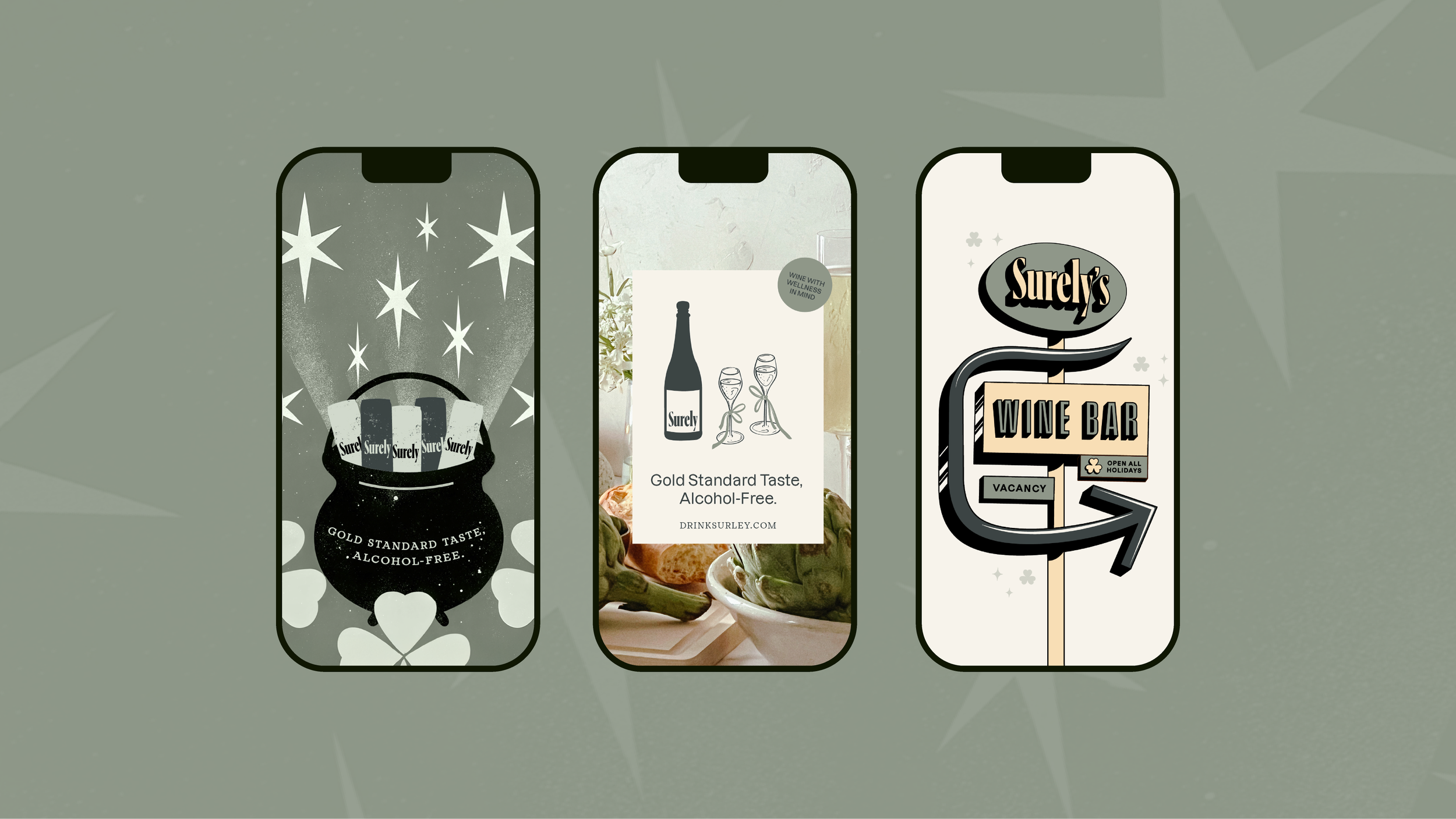 Three smartphones displaying different graphics for Surely alcohol-free wine, with one showing a black and white design, the second a photo with a bottle and glasses, and the third a vintage-style sign for Surely's wine bar.