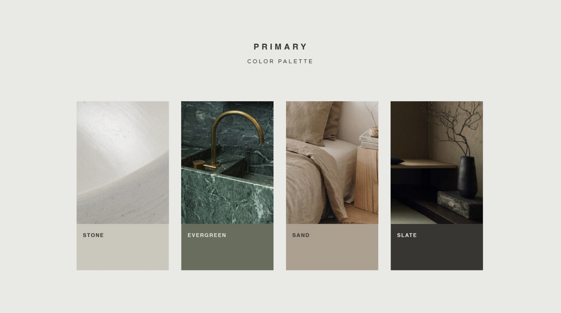 A color palette chart with four primary natural colors: stone, evergreen, sand, and slate, each represented by an image and label.