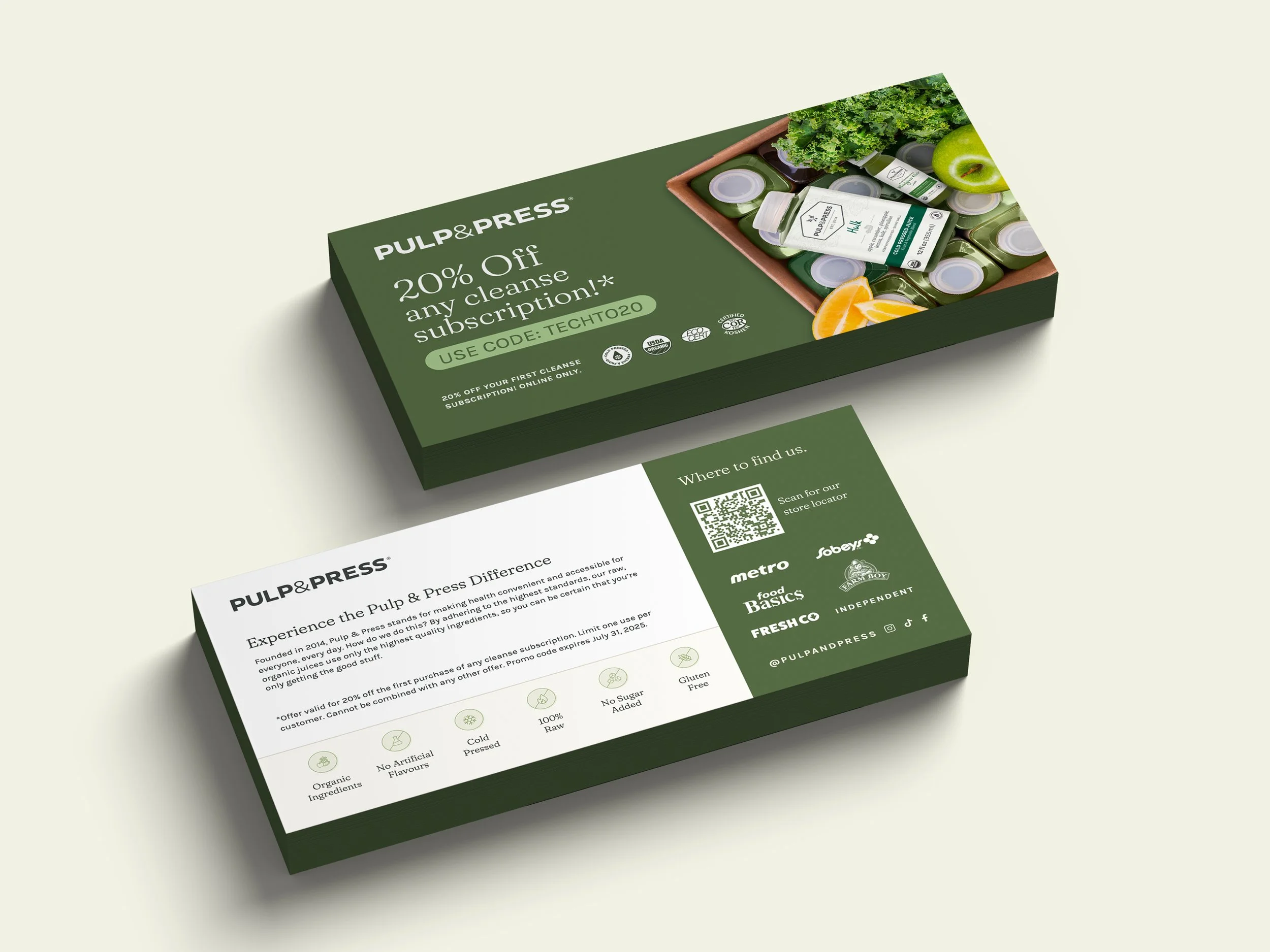 A promotional flyer for Pulp & Press offering 20% off on cleanse subscriptions with a code, featuring images of bottled juices, fresh greens, and fruit, and details about store locations and product features.