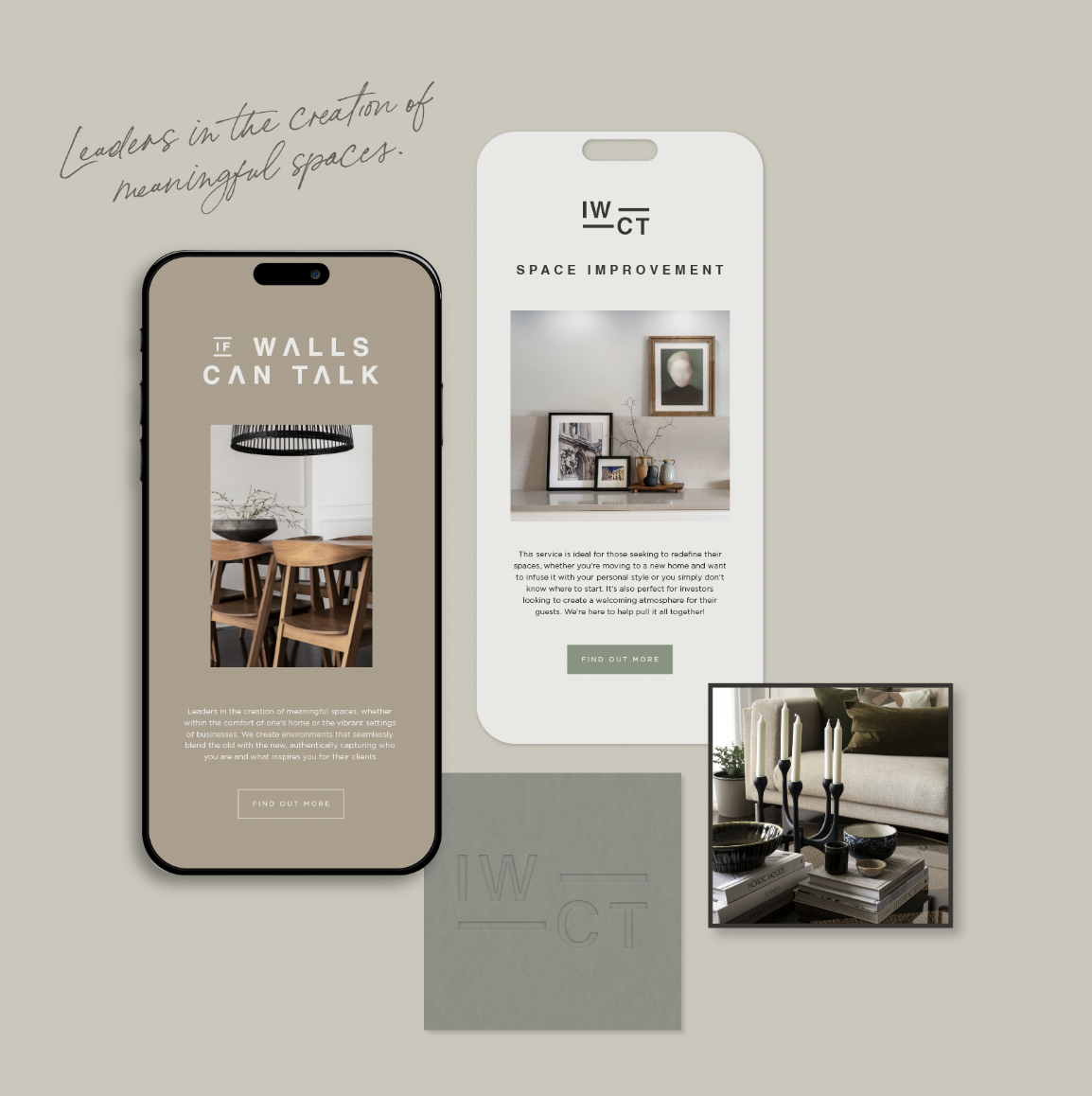 Mockups of three smartphones displaying interior design and space improvement services, with decorative objects like candles and artwork, on a beige background with handwritten text about leaders in creating meaningful spaces.