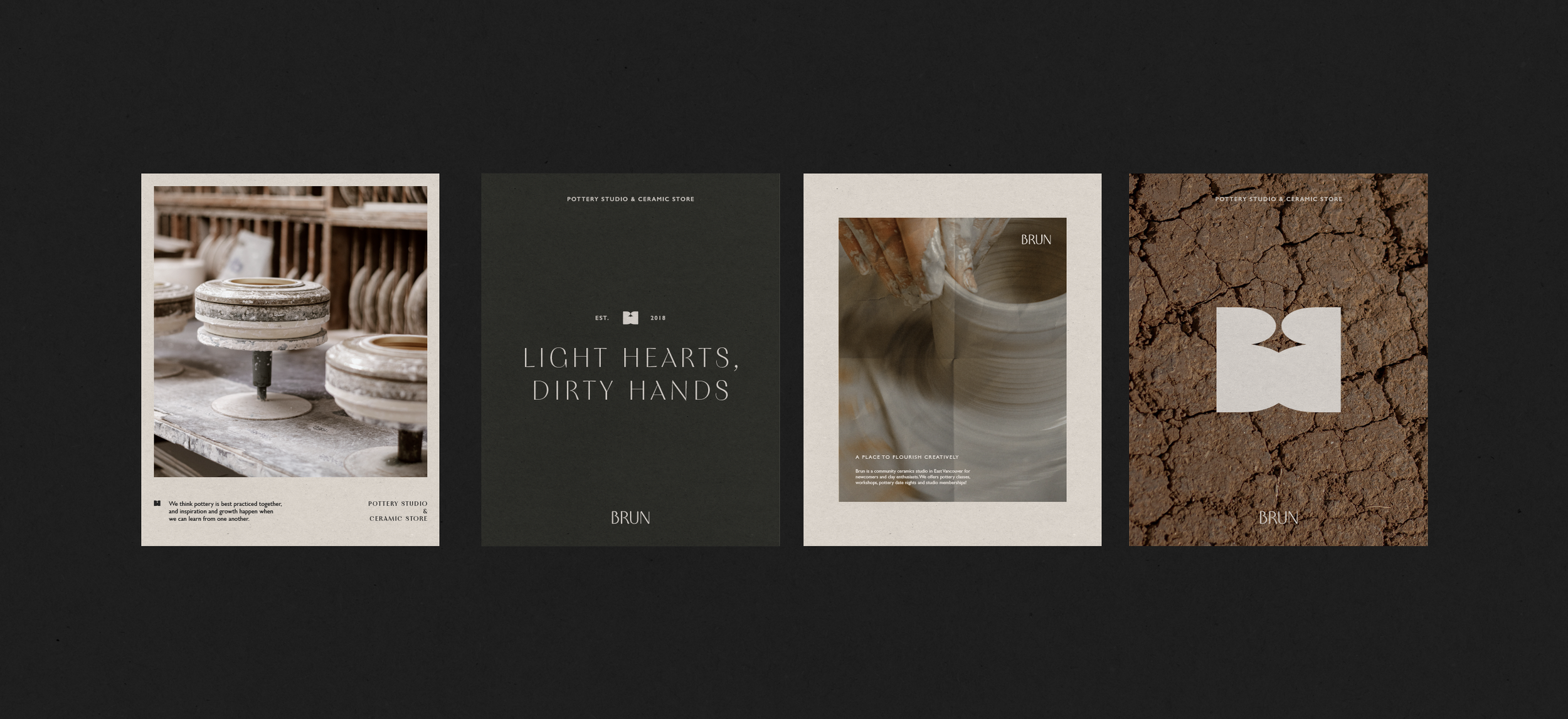 Four promotional posters for a pottery studio and ceramic store, featuring images of pottery wheels, clay, and ceramic objects, with text about the studio's mission and branding.