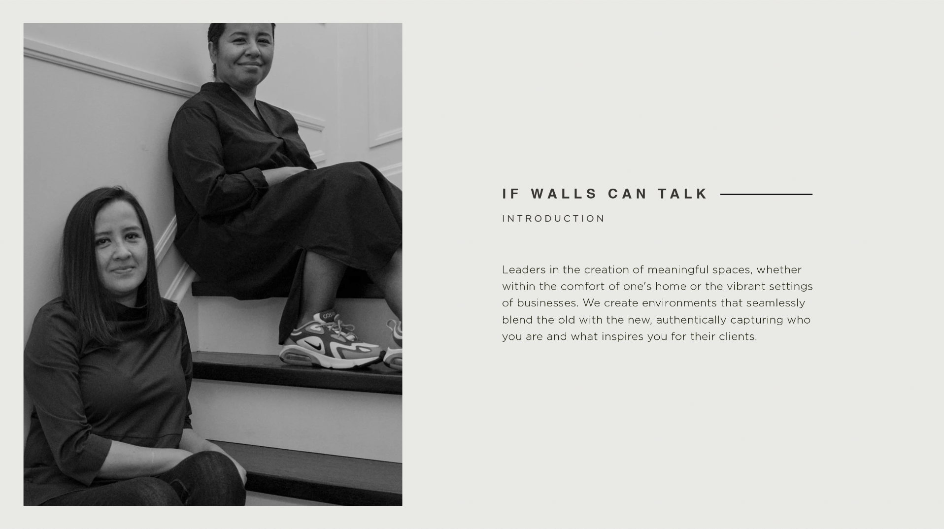 Black and white photo of two women sitting on stairs, one standing and one sitting, with a text section titled 'If Walls Can Talk' on the right side, describing creating meaningful spaces.