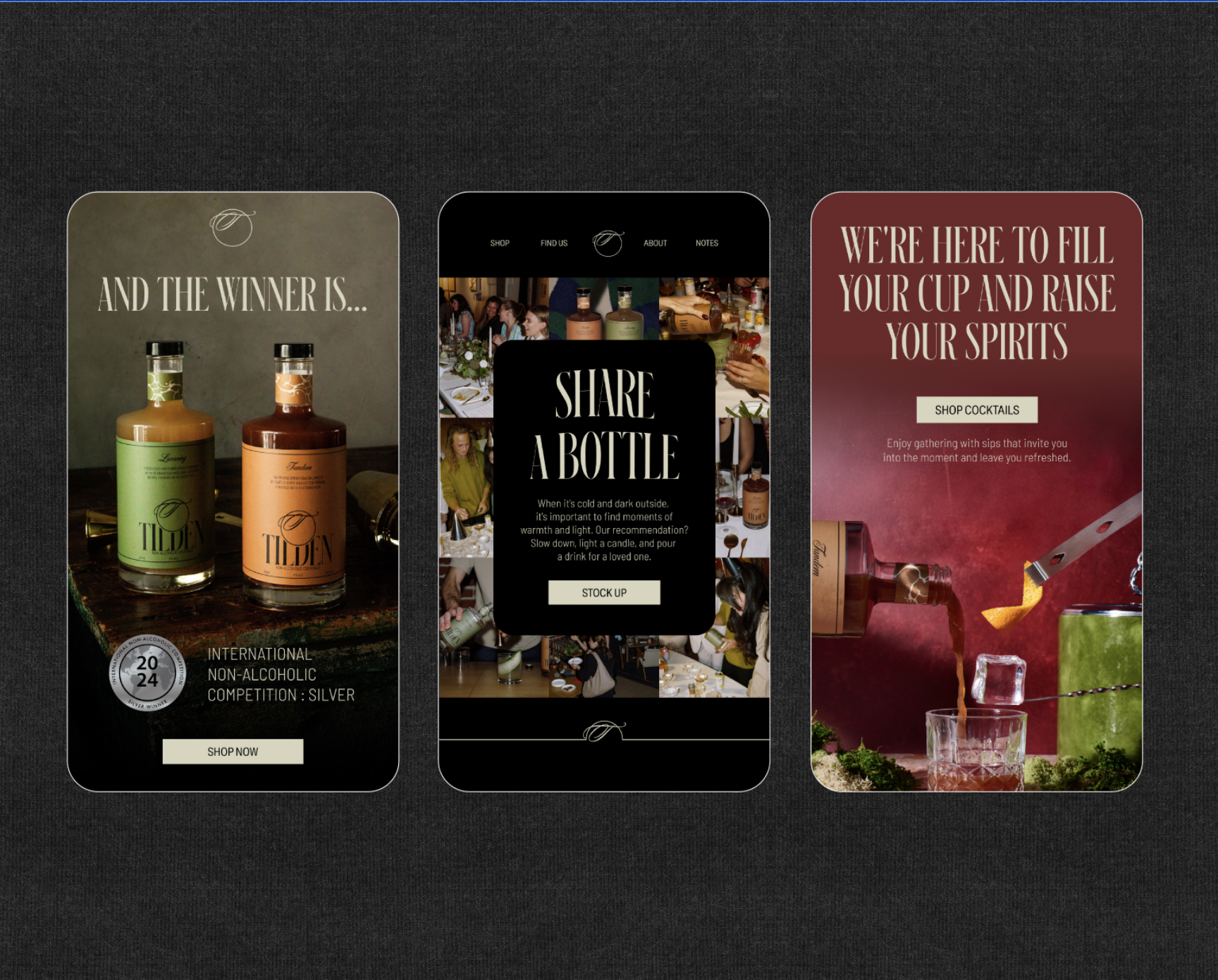 Three digital screens showcasing a cocktail brand's website, featuring bottles, event photos, and cocktail promotions with text and buttons.