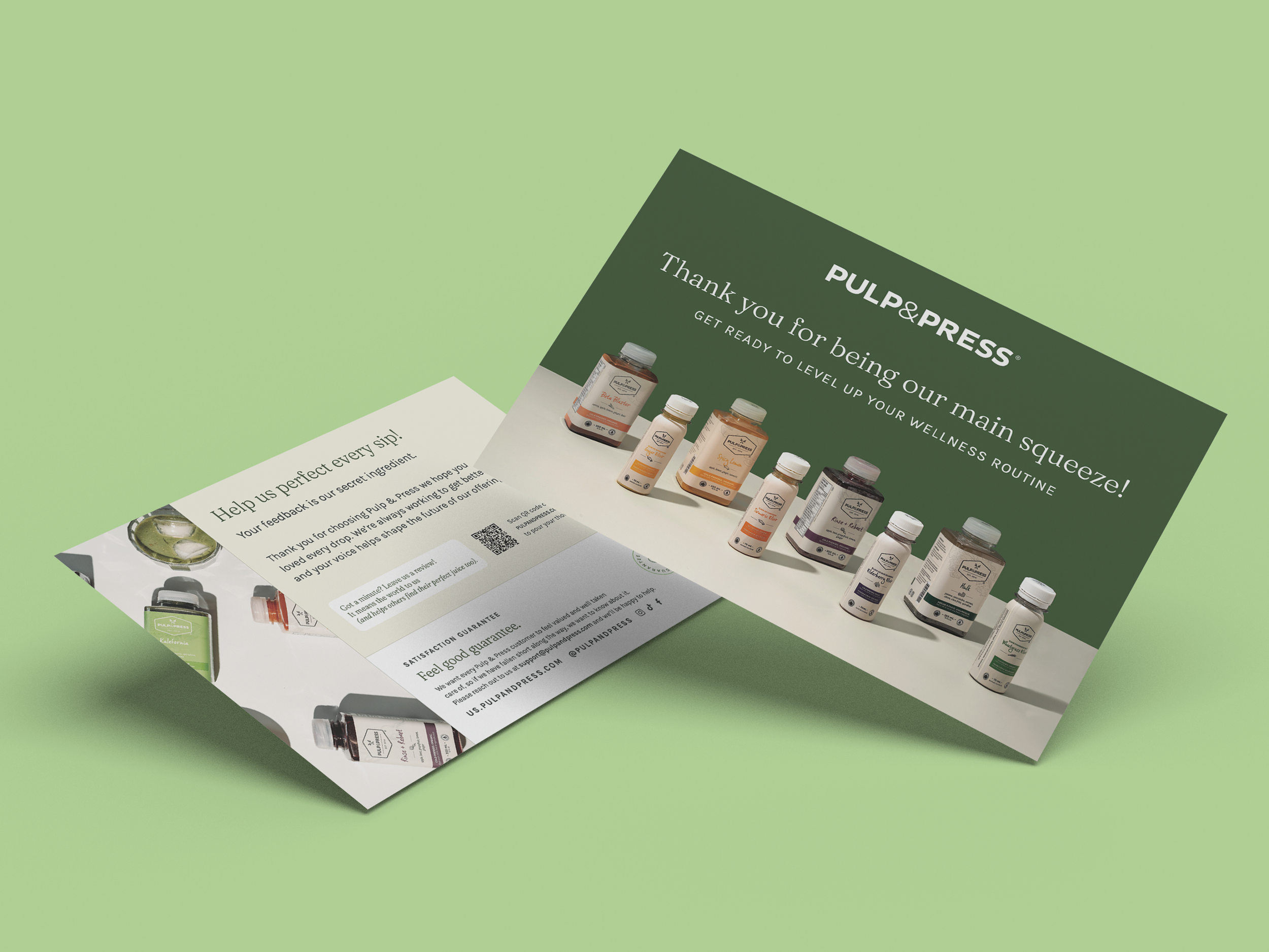 Promotional flyer from Pulp & Press featuring various supplement bottles with a green background and a different product lineup, along with a thank you message and information about their wellness routine.