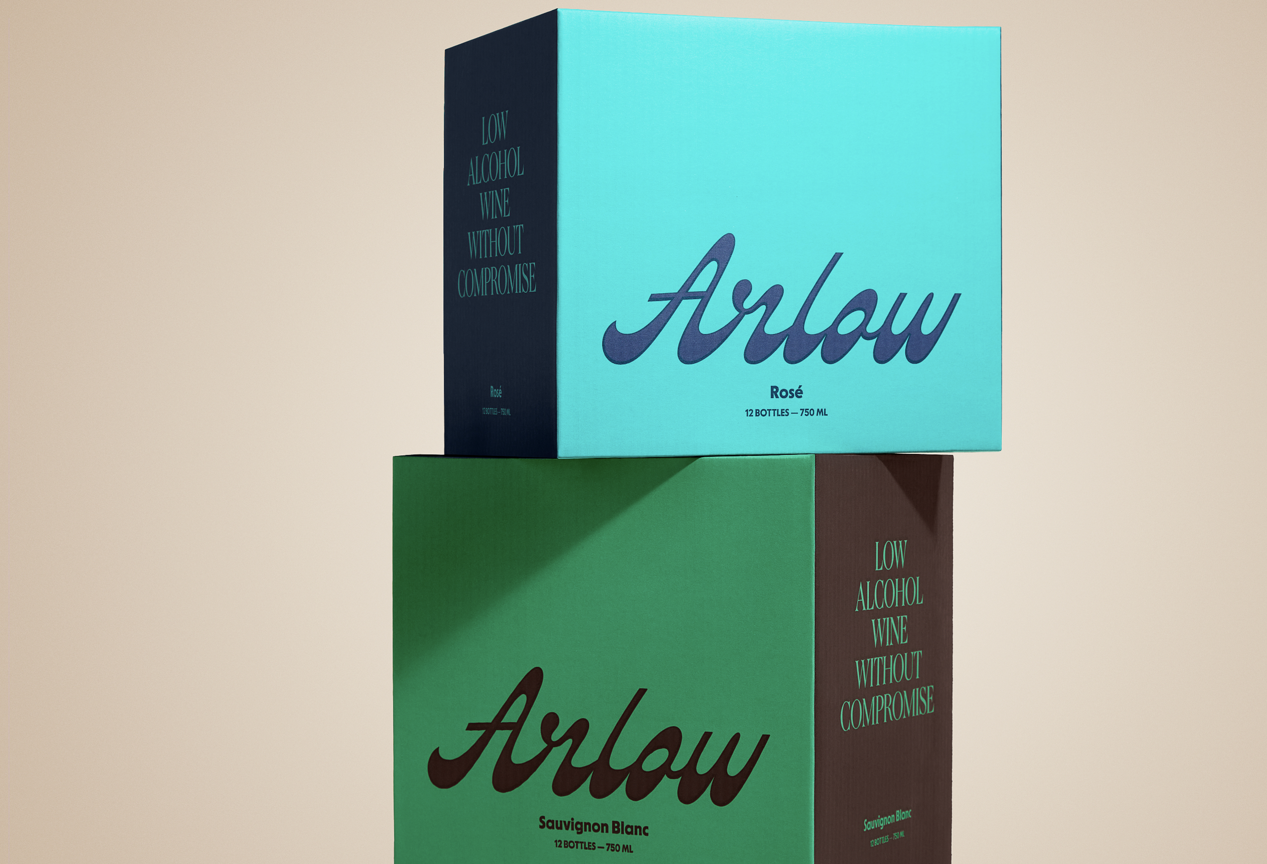 Stacked boxes of wine with the top box in blue and labeled "Arlouw Rosé" and the bottom box in green labeled "Arlouw Sauvignon Blanc". Both boxes mention "12 bottles - 750 ml" and highlight "low alcohol, wine, without compromise."