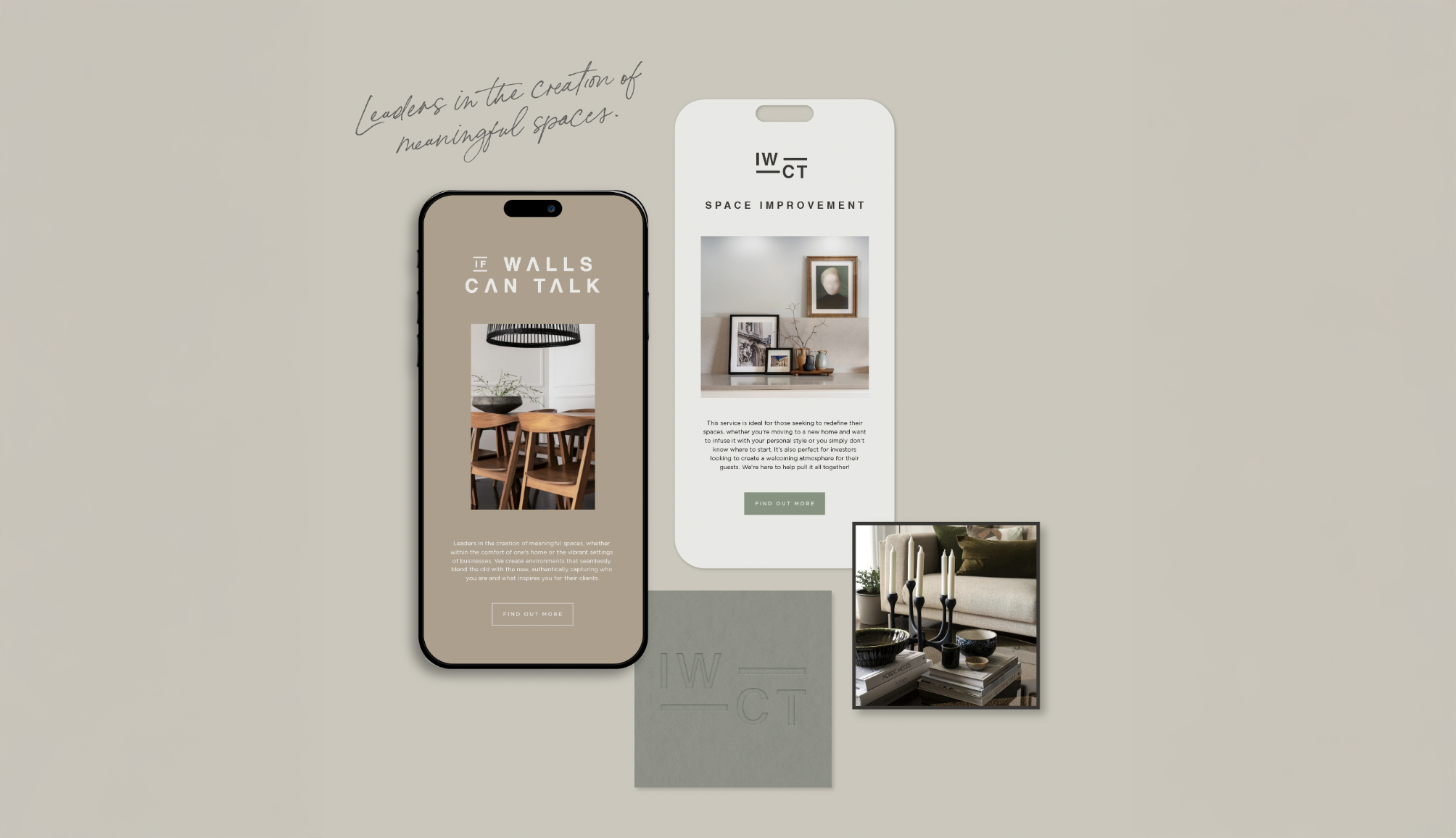 Two smartphones displaying interior design and space improvement services, with decorative items and text descriptions, surrounded by samples of furniture and accessories on a neutral background.