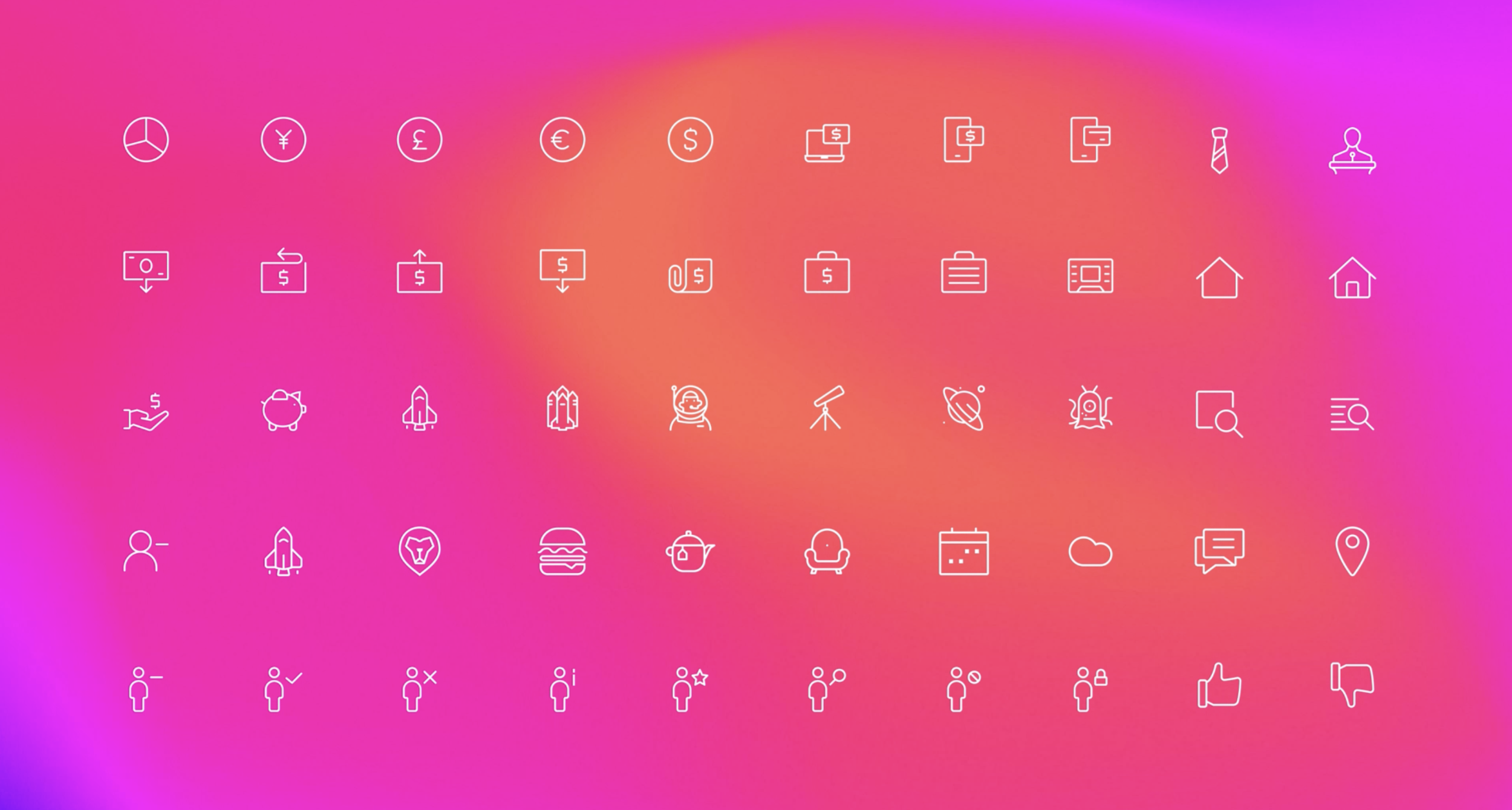 A colorful gradient background with white outline icons in a grid, representing various concepts like finance, communication, space, technology, and social interactions.