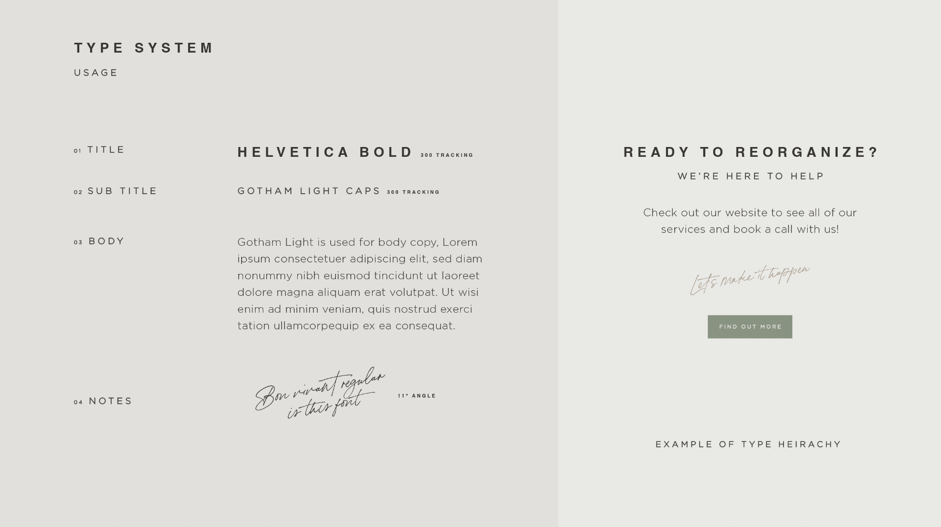 A webpage displaying a typography style guide with sections on titles, subtitles, body text, and notes, using Helvetica Bold and Gotham Light Caps fonts, with a reorganization section offering help and a 'Find Out More' button.