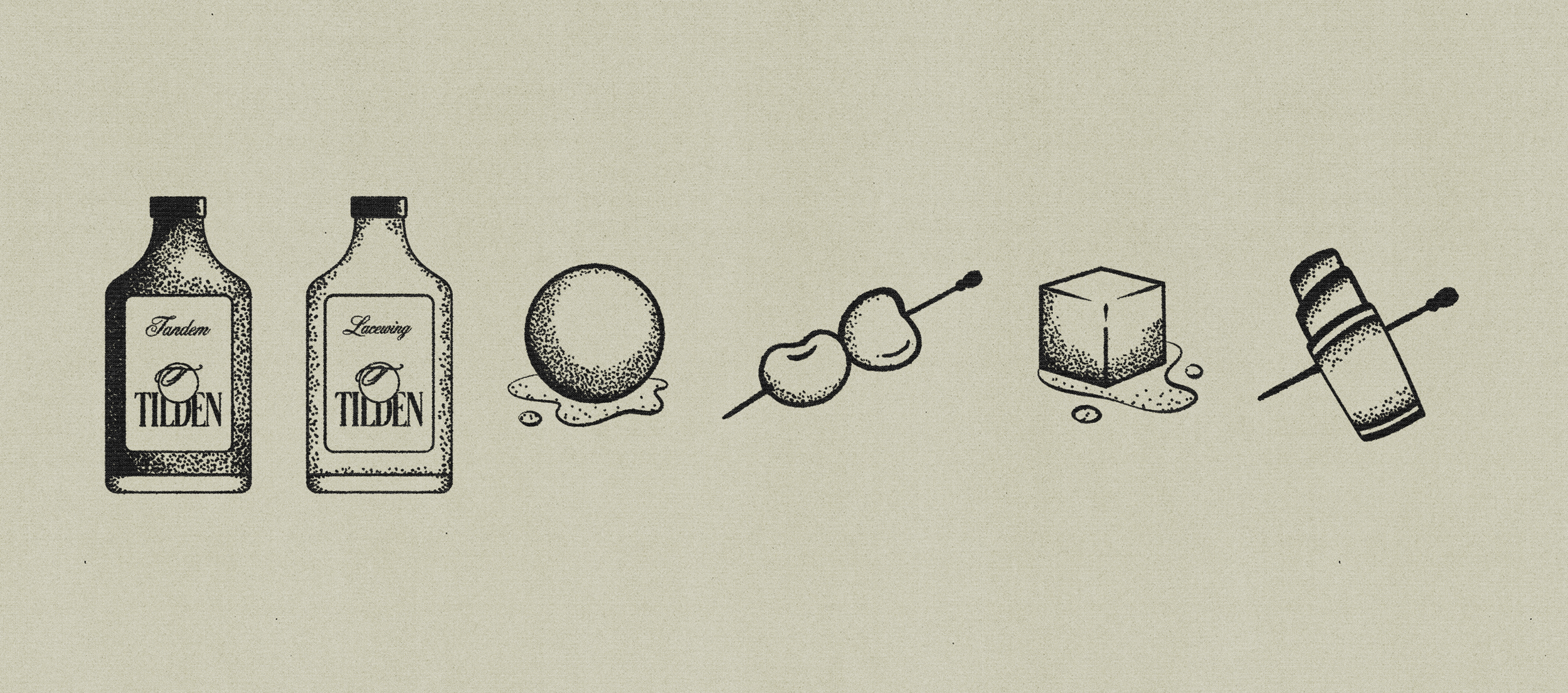 Black and white illustration of bottles, a lemon, cherries, a sugar cube, and a syringe.