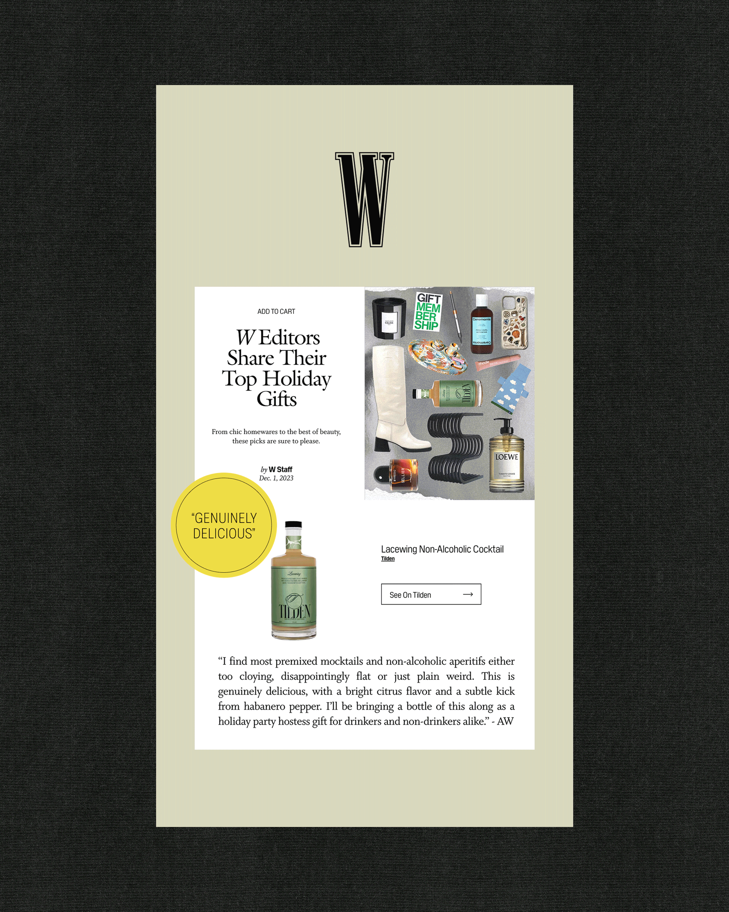 A digital magazine page featuring holiday gift ideas, including a collection of assorted items such as a bottle of Tilden non-alcoholic cocktail, candles, skincare, and decorative objects. The page also highlights a feature on top holiday gifts shared by W magazine editors.