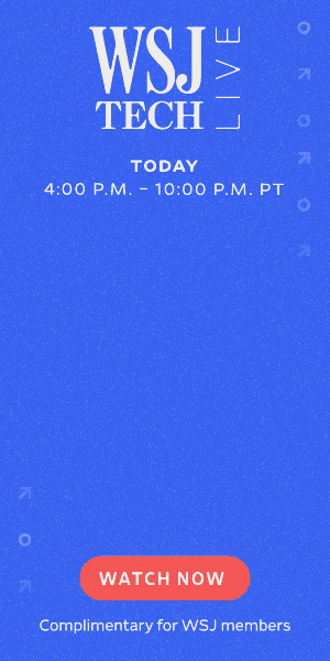 WSJ Tech Live event banner showing schedule from 4:00 P.M. to 10:00 P.M. PT with a red button labeled 'Watch Now' and a note for WSJ members.