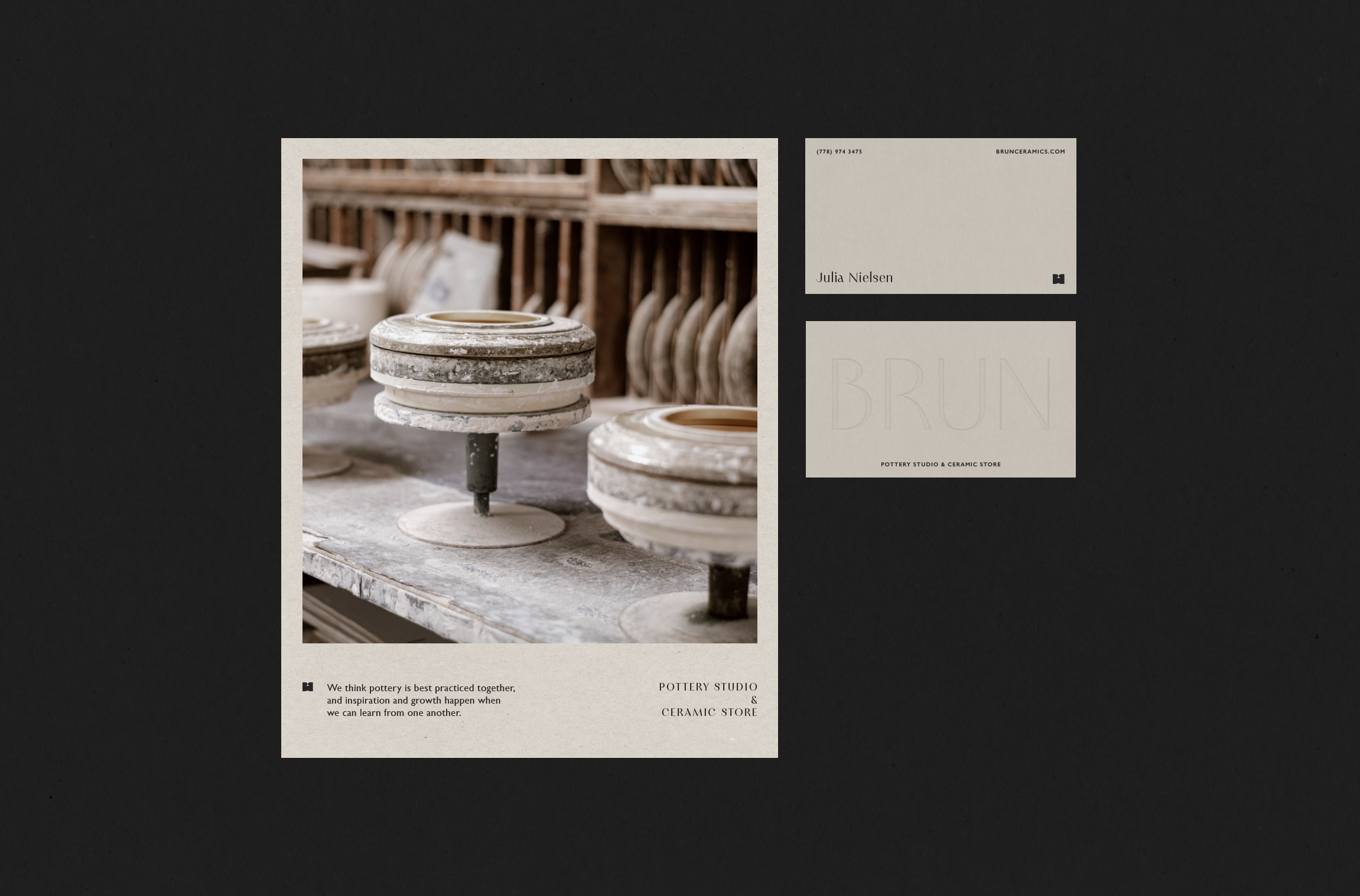 Printed materials for a pottery studio and ceramic store, including a photo of pottery wheels and shelves with ceramic pieces in a workshop, with address, contact info, and designer's name.