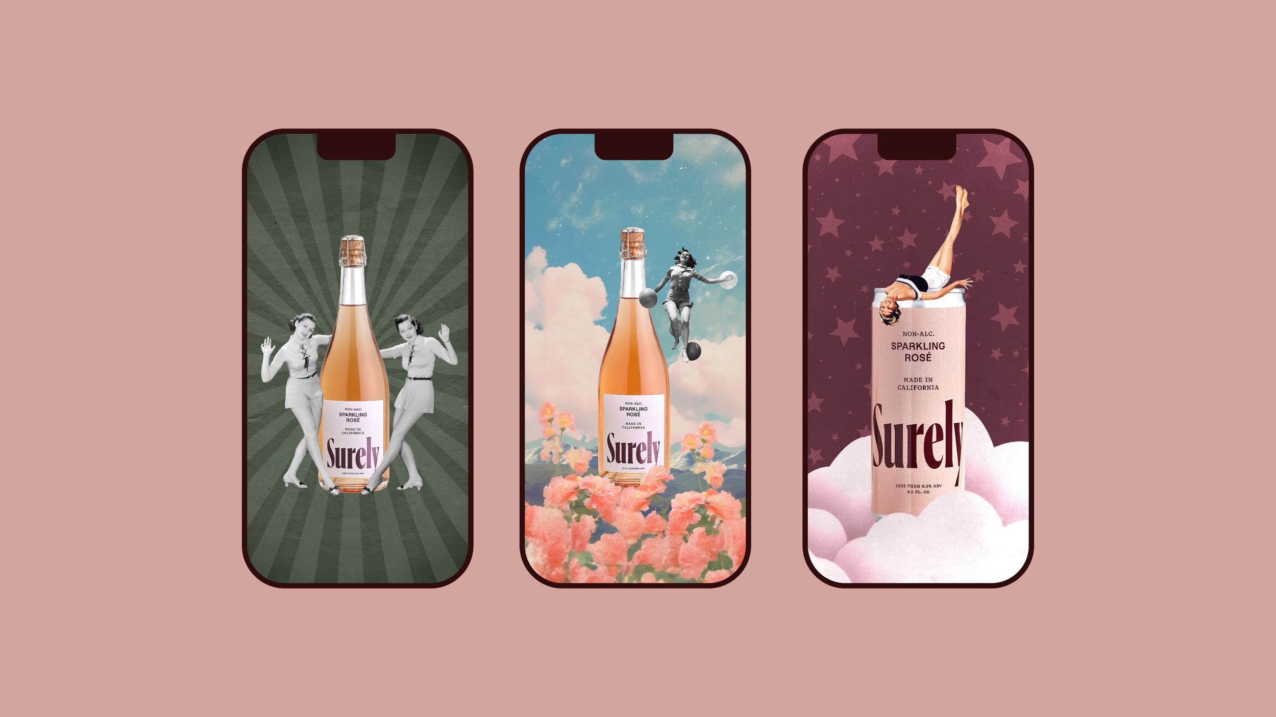 Three phone screens displaying surreal digital artwork of a sparkling rosé bottle with various whimsical scenes and characters