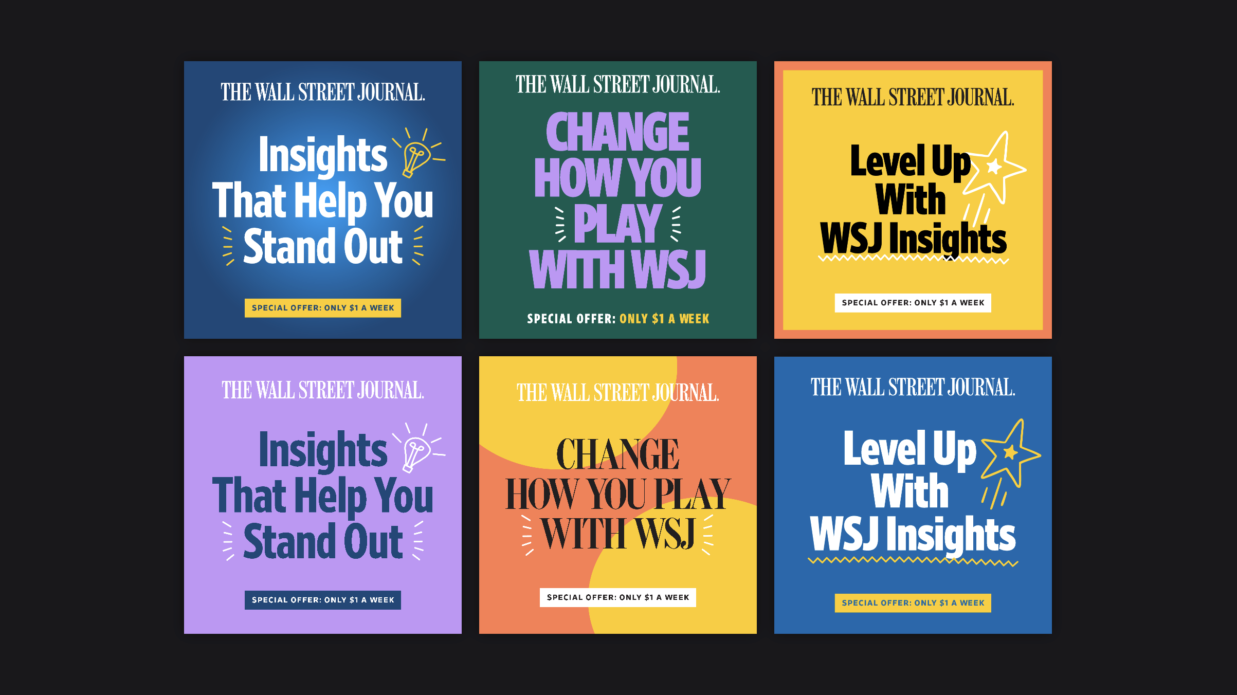 Six colorful promotional graphics for The Wall Street Journal's WSJ Insights, each with bold headlines, vibrant backgrounds, and promotional offers of only $1 a week.