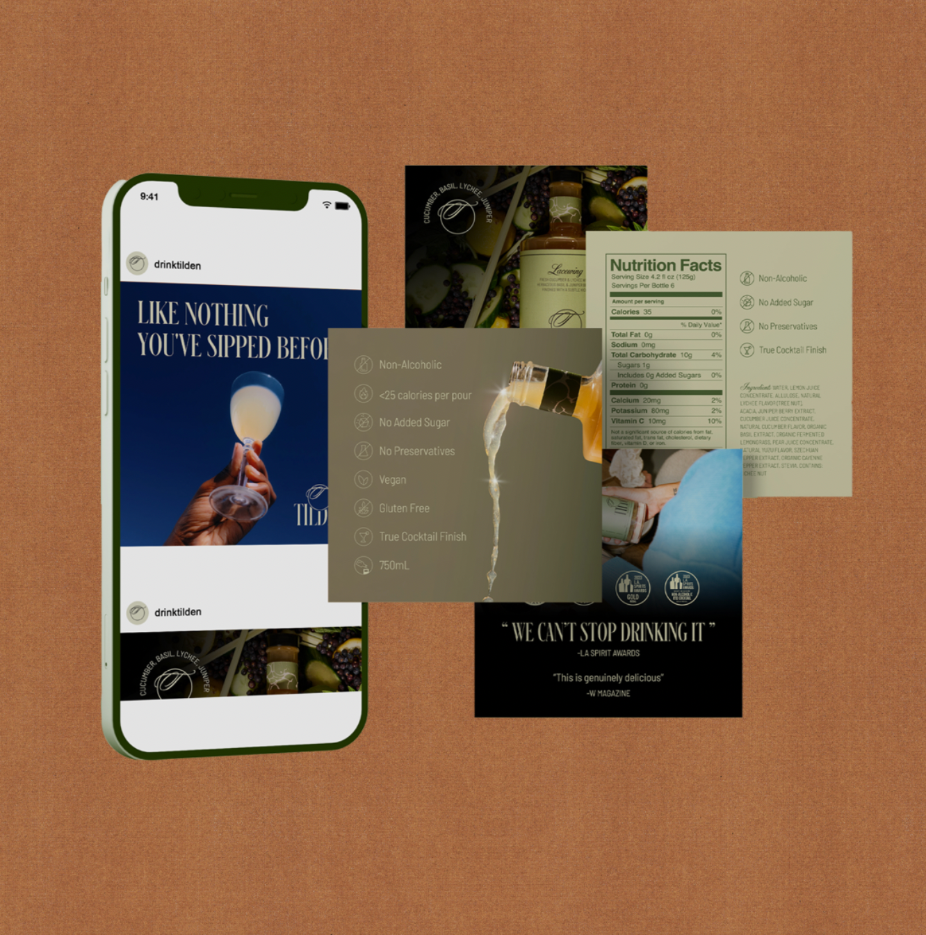 Arrangement of promotional materials for a non-alcoholic, vegan cocktail, including a smartphone displaying a cocktail menu, a nutrition facts sheet, a product bottle with ingredients, and event praise quotes on textured background.