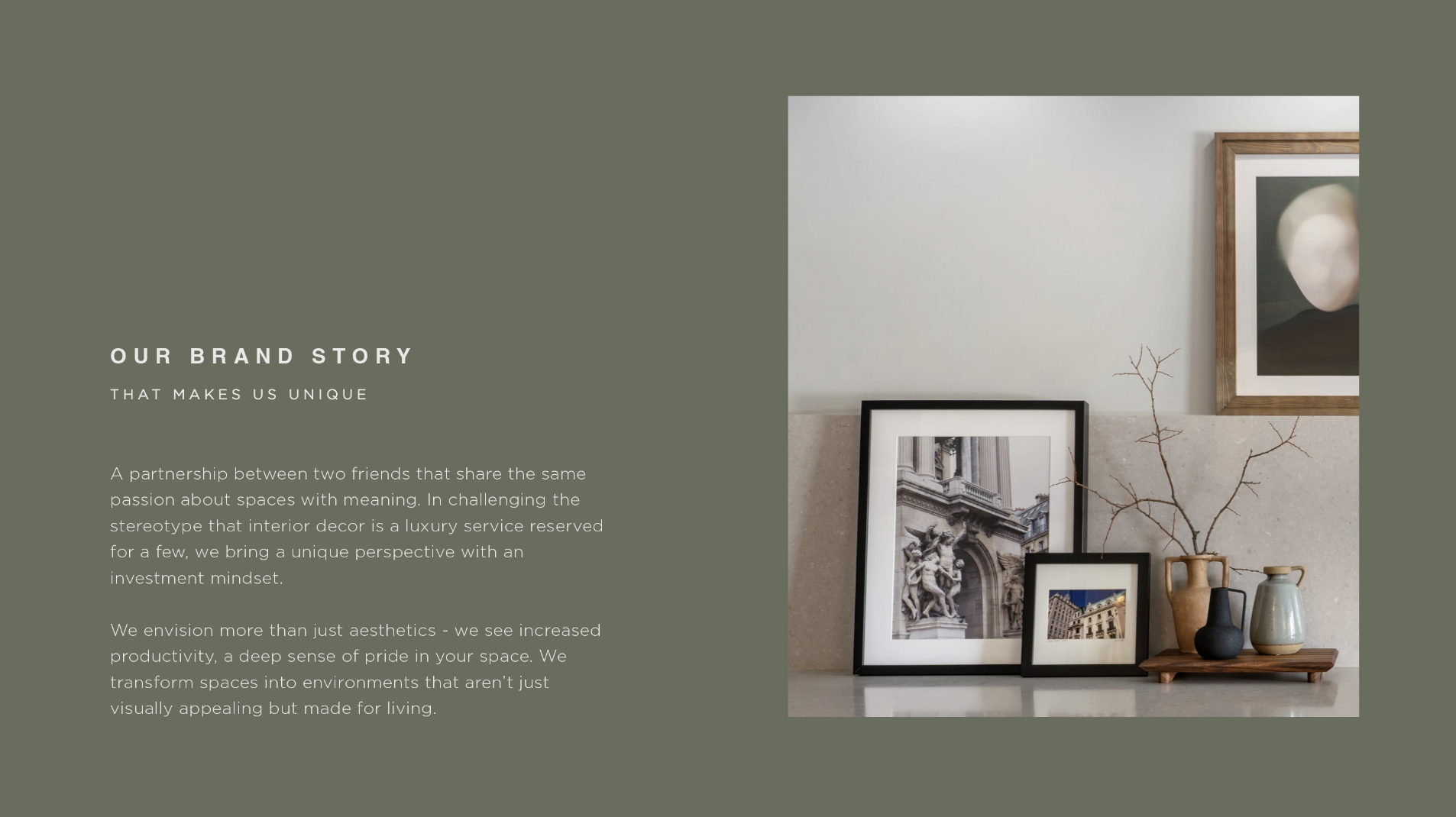 Interior design mood board with framed photographs, decorative vases, and a dried branch on a shelf, with a green background and text about a brand story.