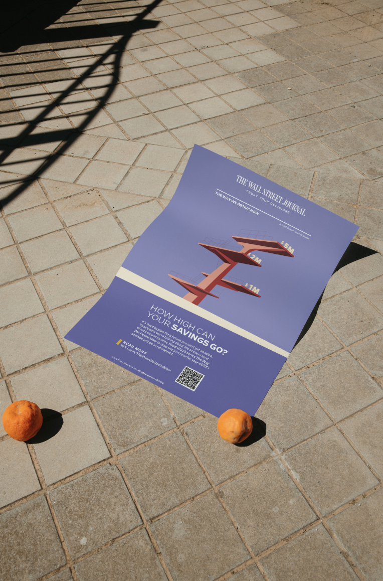 An informational flyer about savings and investment strategies, placed on a tiled sidewalk, with two oranges positioned nearby on the ground.
