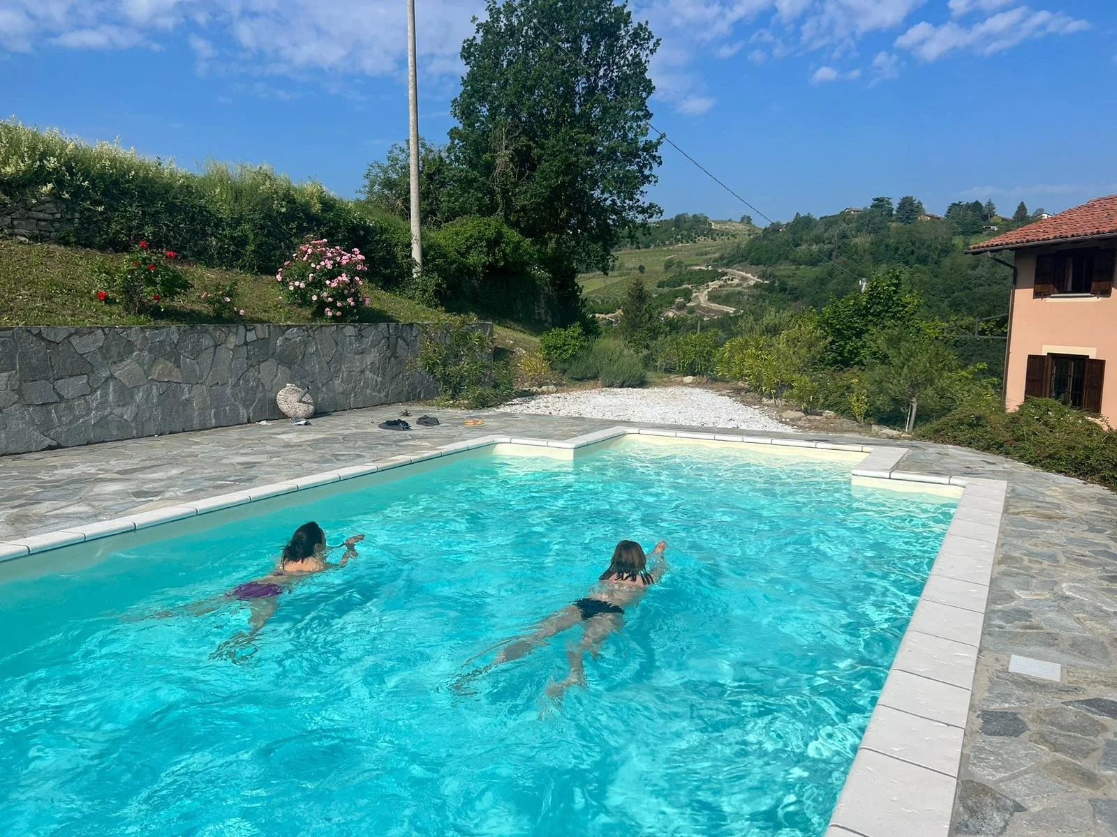 Two children swimming in a backyard pool on a sunny day with a scenic hillside in the background.