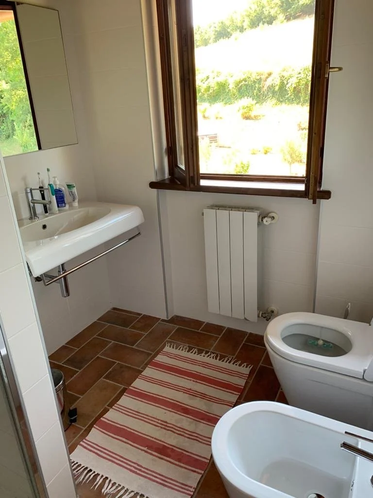 A small bathroom with a white sink, mirror, and a window showing greenery outside. There is a rug with red and white stripes on the brown tiled floor, and a white toilet and bidet are visible.