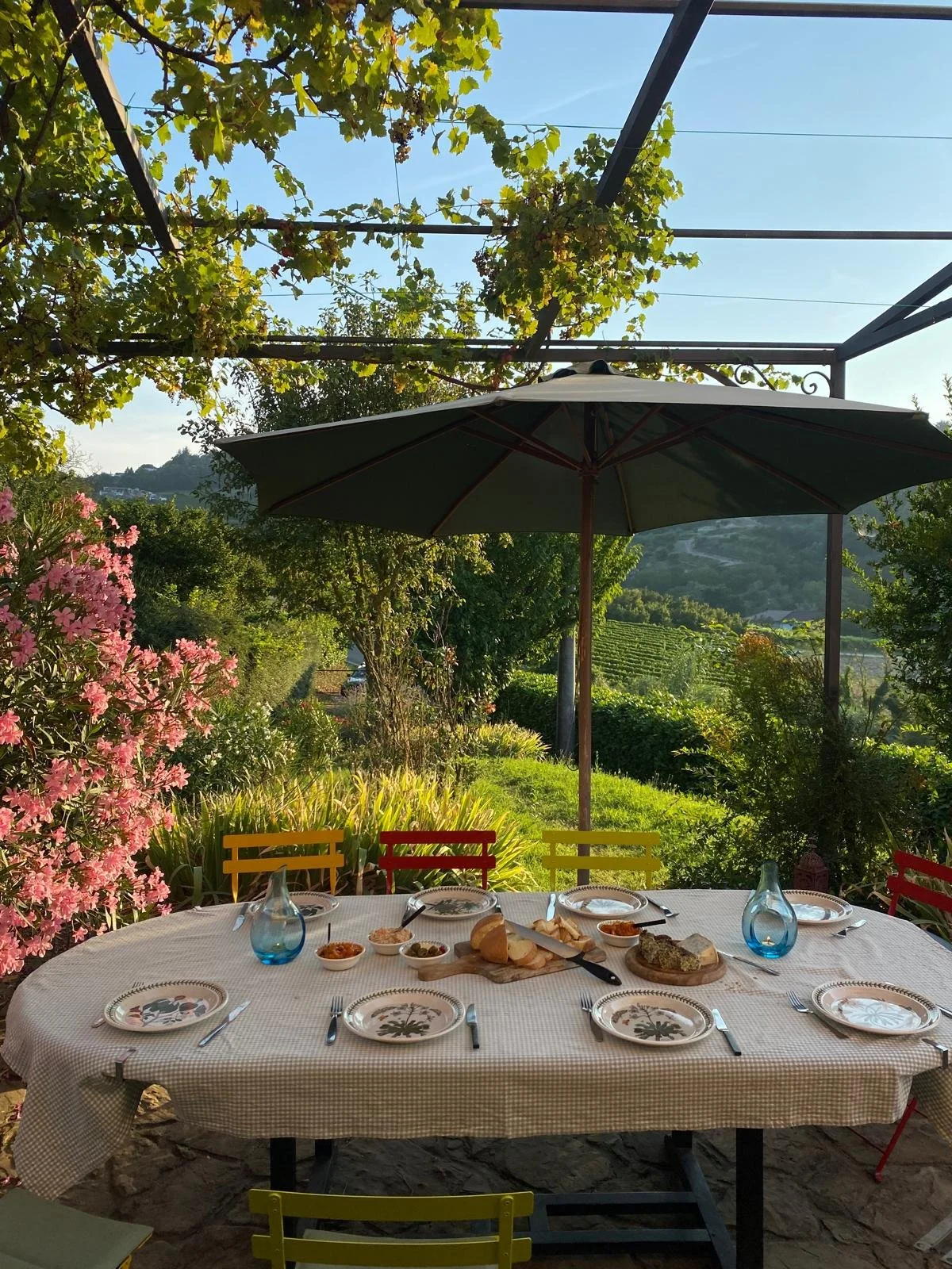 Outdoor dining table set with plates, cutlery, small bowls, glass bottles, and a platter of bread and food, under a large parasol surrounded by greenery and flowers on a sunny day.