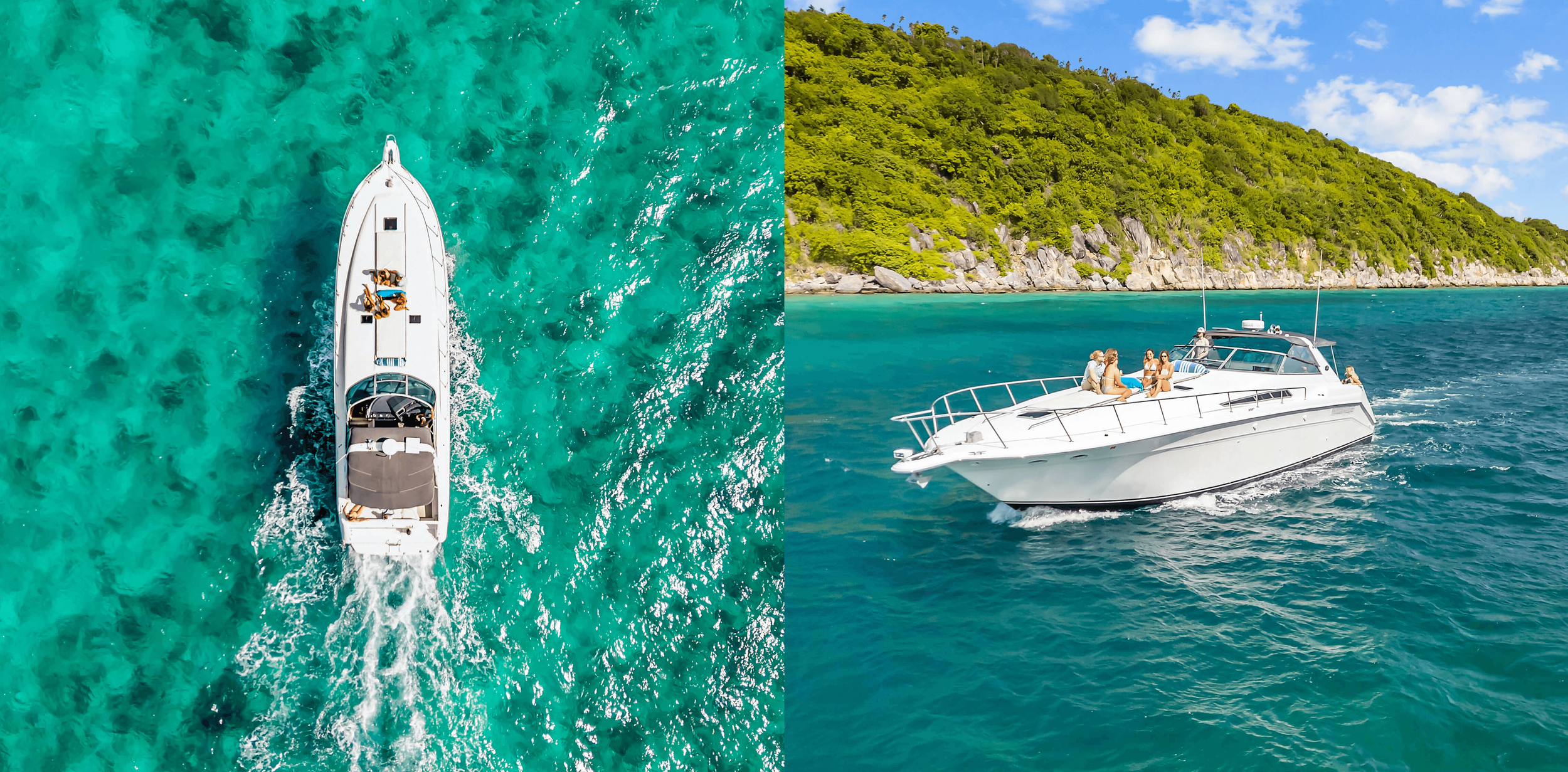 Two white yachts sailing on turquoise water near green, hilly coastline under a blue sky with scattered clouds.