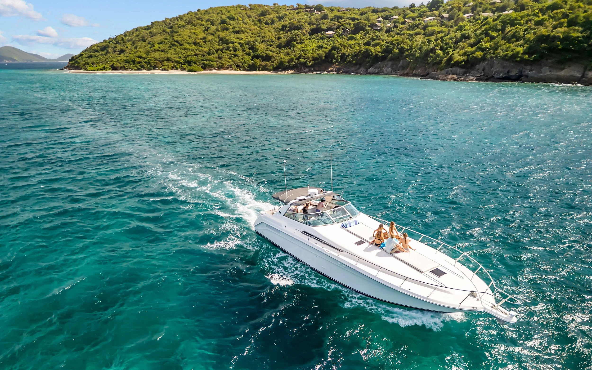 A white yacht sailing in the ocean near a lush green coastline with a few houses on the hillside, under a partly cloudy sky.