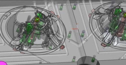 Two spacecraft or lunar modules with detailed mechanical parts inside a control or assembly room.