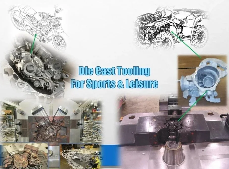 Images illustrating die casting tooling for sports and leisure applications, including a car, truck, and engine components, with a central text overlay that reads 'Die Cast Tooling For Sports & Leisure'.