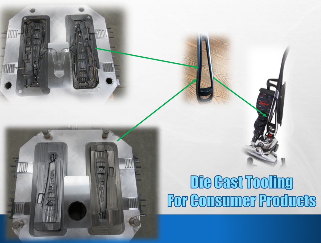 Two die cast moldings for consumer products, possibly vacuum cleaners, are shown in metal molds. An assembled vacuum cleaner with a black handle and a body with various controls is depicted next to the molds. The image is labeled 'Die Cast Tooling Fo