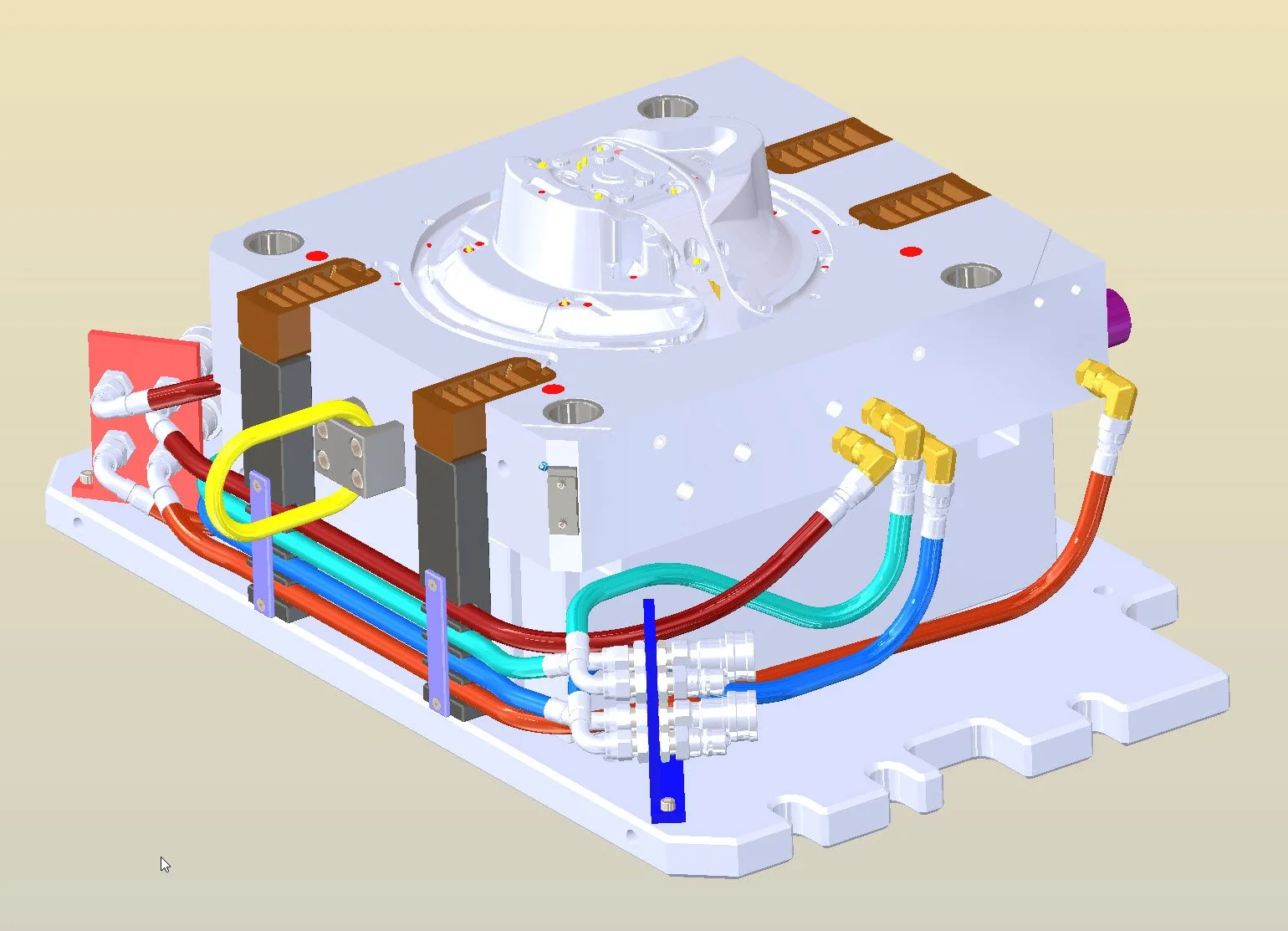 A complex mechanical and electrical assembly with colorful pipes, wires, and connectors.