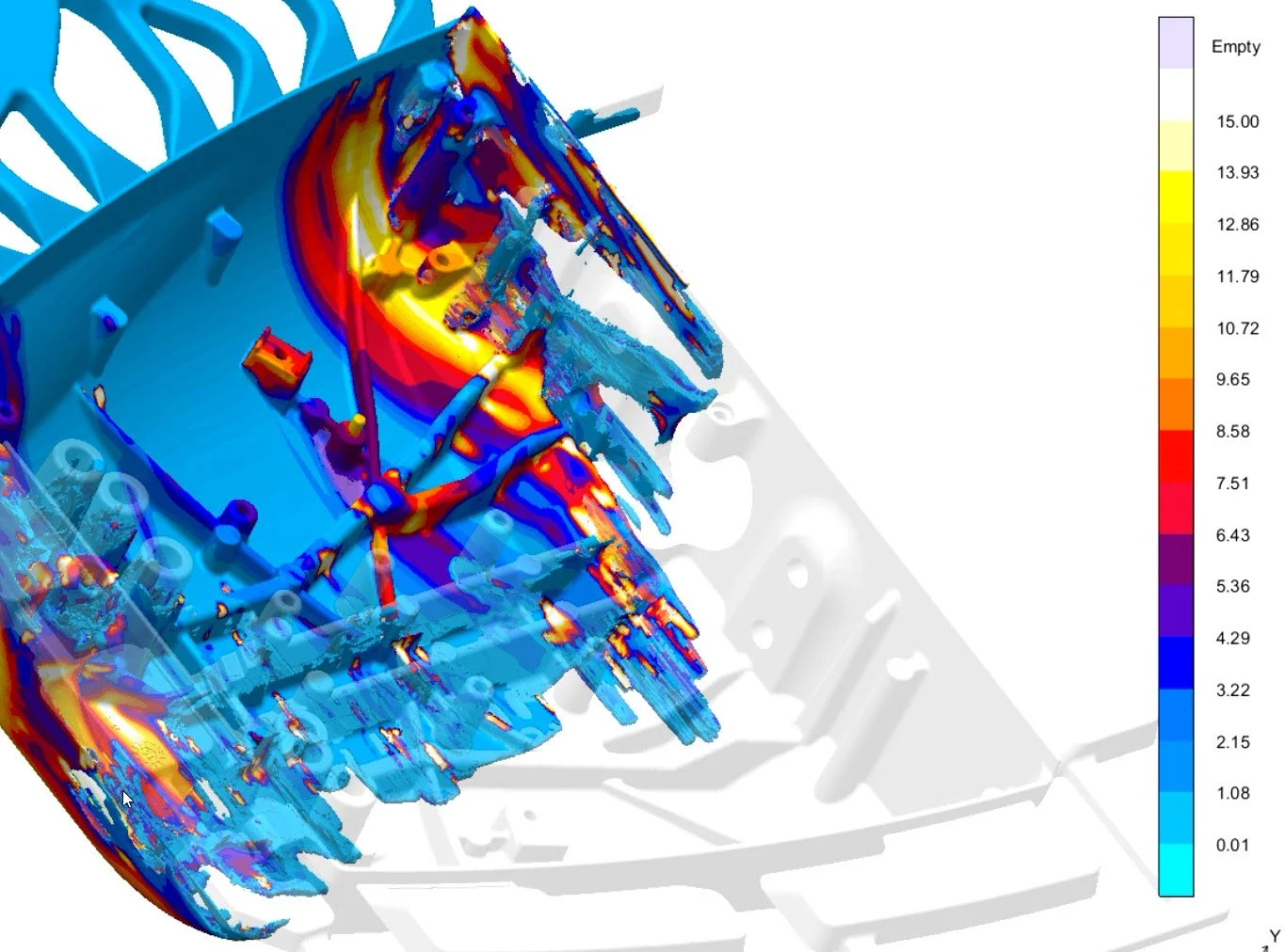 A scientific visualization or simulation image showing a colorful 3D model with a color scale bar on the right, depicting data in red, yellow, blue, and purple shades, possibly related to thermal or stress analysis.