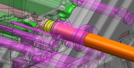 A colorful technical diagram of machinery components, featuring pipes, cylinders, and beams in pink, green, purple, yellow, orange, and gray.