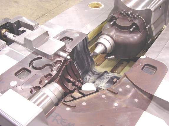 A close-up view of a precision mechanical assembly with metal parts and components.