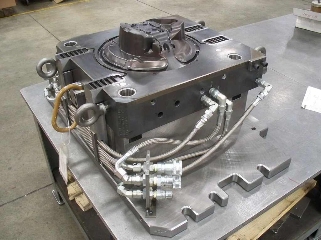 A machined metal component with hydraulic hoses and fittings, placed on a metal worktable in an industrial setting.