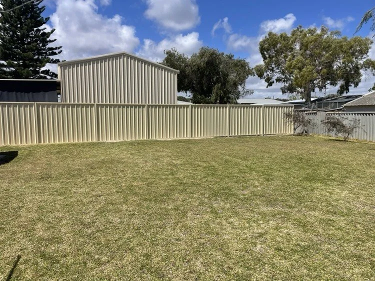 A fenced backyard with grass, metal and wooden fences, and trees under a partly cloudy sky.