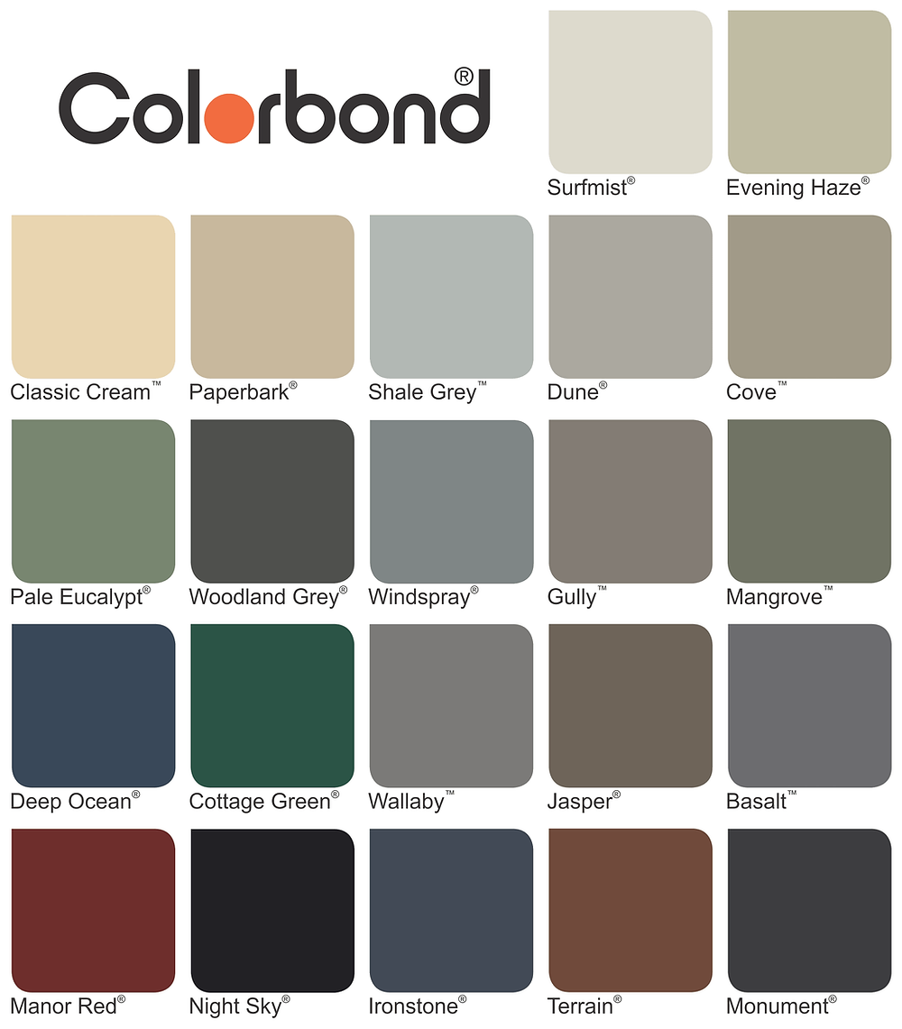 Colorbond paint color palette with 20 swatches arranged in 4 rows and 5 columns, including shades like Classic Cream, Paperbark, Shale Grey, Dune, Cove, Pale Eucalypt, Woodland Grey, Windspray, Gully, Mangrove, Deep Ocean, Cottage Green, Wallaby, Jasper, Basalt, Manor Red, Night Sky, Ironstone, Terrain, and Monument.