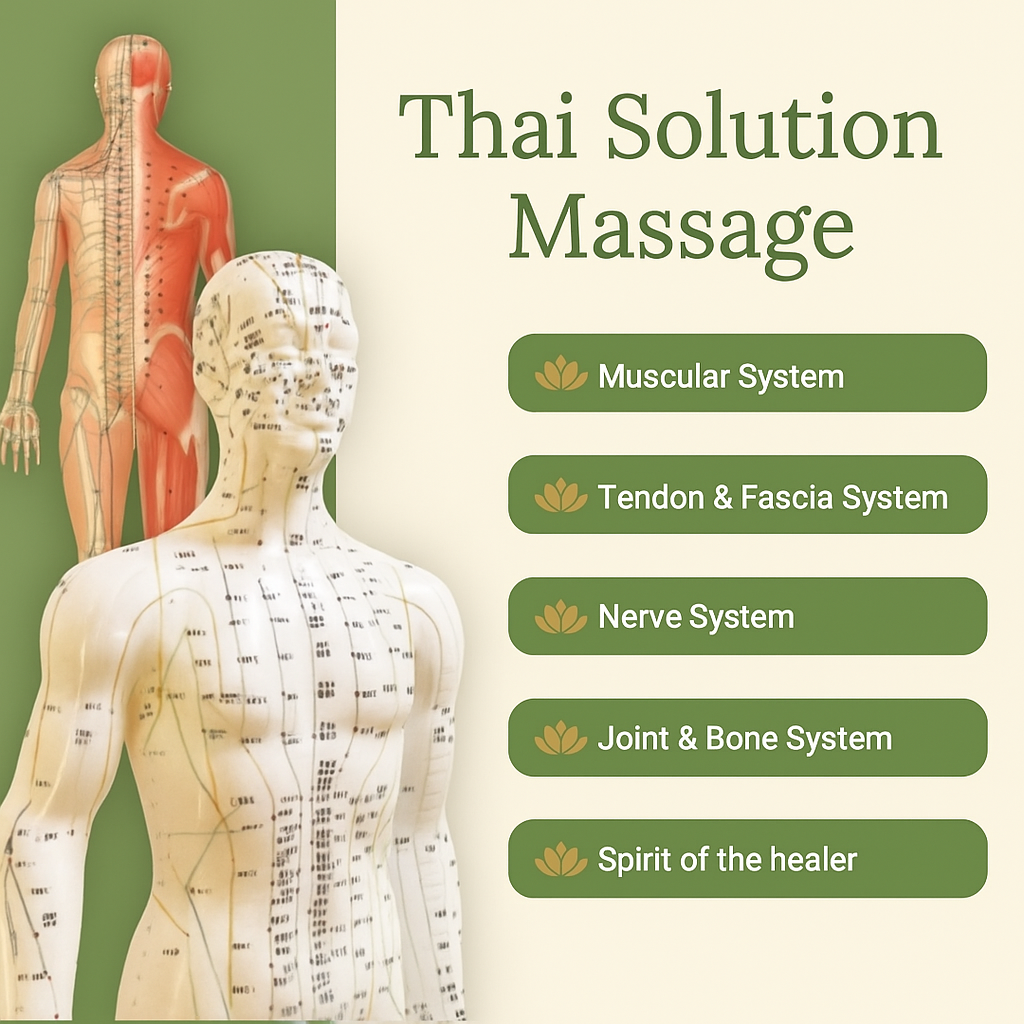 A model of the human body with acupuncture points and an anatomical illustration, with a list of massage services including muscular system, tendon and fascia system, nerve system, joint and bone system, and spirit of the healer.