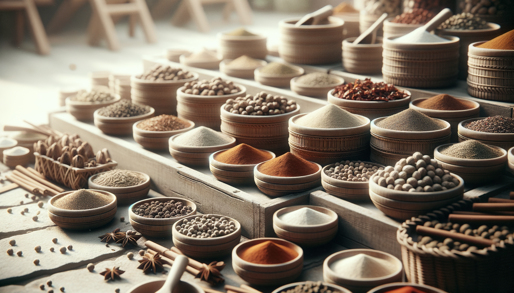 Spices and herbs in small wooden bowls on a market stall, including peppercorns, chili powder, and dried herbs, with some spices in larger baskets.