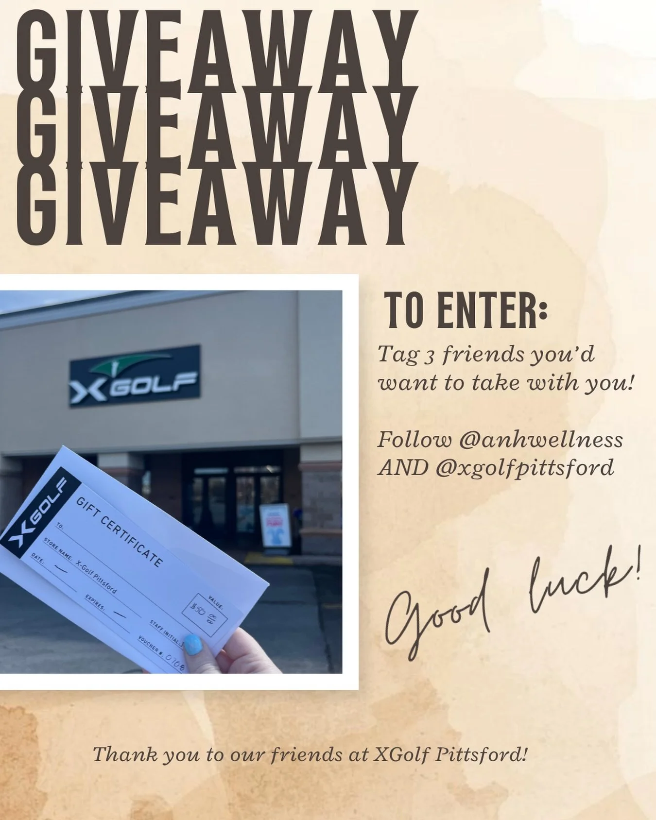 10 YEARS OF ANH &mdash; GIVEAWAY #4! 🎉

We&rsquo;re celebrating our anniversary with another giveaway! This time you can win a $50 X-Golf gift card ⛳️

How to enter:
✔️ Follow @anhwellness + @xgolfpittsford 
✔️ Tag 3 friends
✔️ Like this post
✔️ Sha