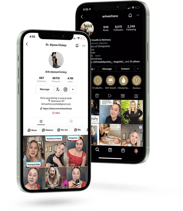 Screenshots of two social media profile pages featuring a woman, with video thumbnails and profile information visible.