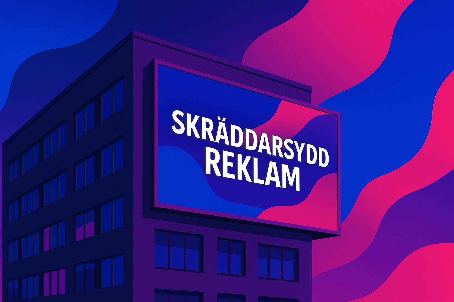 Digital billboard på ett byggnad med texten 'Skräddarsydd reklam' mot en färgglad, abstrakt bakgrund.